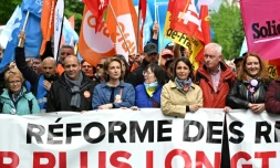 Des leaders syndicaux lors de la 13e journée de mobilisation contre la réforme des retraites à Paris le 1er mai 2023