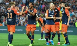Les joueurs de Montpellier fĂȘtent leur victoire Ă domicile sur Lyon 1-0 en match dĂ©calĂ© de la 3e journĂ©e de L1 le 27 aoĂ»t 2019