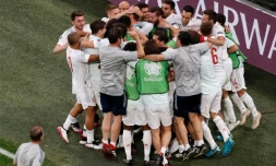 La joie des Espagnols après leur victoire aux tirs au but face à la Suisse (1-1, 3-1 t.a.b.) en quart de finale de l'Euro 2020, le 2 juillet 2021 à Saint-Petersbourg
