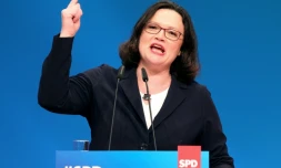 Andrea Nahles, nouvelle présidente du Parti social-démocrate allemand, prononce un discours pendant le congrès du SPD à Wiesbaden