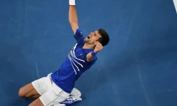 Le Serbe Novak Djokovic exulte après sa victoire en finale de l'Open d'Australie sur l'Espagnol Rafael Nadal, à Melbourne, le 27 janvier 2019