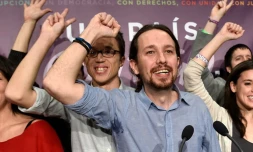 Le dirigeant de Podemos, Pablo Iglesias, célèbre le score de son parti aux législatives le 20 décembre 2015 à Madrid