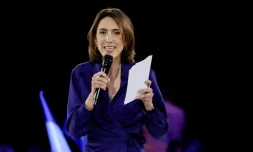 ValĂ©rie Hayer, la tĂȘte de liste de la majoritĂ© prĂ©sidentielle, en meeting Ă Aubervilliers, le 1er juin 2024
