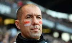 L'entraîneur Leonardo Jardim maquillé aux couleurs de l'AS Monaco, championne de France, le 20 mai 2017 à Rennes