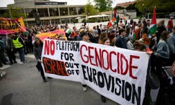 Des manifestants réunis contre la participation d'Israël à la 68e édition du concours de l'Eurovision à Malmö en Suède, le 9 mai 2024
