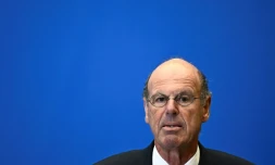 Le ministre de l'Economie Eric Lombard, lors d'une conférence de presse, le 15 mai 2025 à Paris