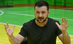 Le président ukrainien Volodymyr Zelensky lors d'un entretien accordé à plusieurs médias français dont l'AFP, à Rivné, dans l'ouest de l'Ukraine, le 30 juillet 2024