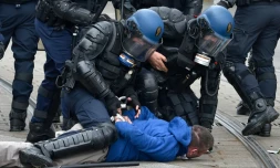 Des policiers anti-émeute arrêtent un manifestant contre la réforme du travail à Nantes le 24 mars 2016