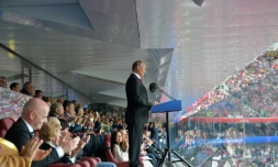 Le président russe Vladimir Poutine fait sa déclaration d'ouverture de la Coupe du monde, le 14 juin 2018 à Moscou 