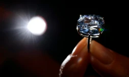 Le "Blue Moon diamond" qui sera vendu par Sotheby's à Genève, présenté le 4 novembre 2015