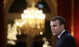 Le président Emmanuel Macron s'exprime pour ses voeux à la presse à l'Elysée, le 3 janvier 2018
