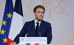 Le président de la République Emmanuel Macron prononce un discours, lors de la réception des médaillés olympiques et paralympiques aux Jeux de Tokyo 2021, le 13 septembre 2021 au Palais de l'Elyée