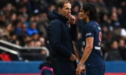 L'entraîneur Thomas Tuchel (g) et Edinson Cavani lors du match face à Bordeaux le 9 février 2019