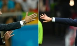 Les sélectionneurs de la Belgique et de la France, Roberto Martinez (g) le 2 juillet lors d'un 8e face au Japon à Rostov-sur-le-Don, et Didier Deschamps le 30 juin lors d'un 8e face à l'Argentine à Kazan