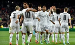 La joie des joueurs du Real Madrid aprĂšs le but de James Rodriguez contre l'AS Rome, le 8 mars 2016 Ă Bernabeu