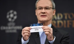 Le secrétaire général adjoint de l'UEFA Giorgio Marchetti lors du tirage au sort des 8e de finale de la Ligue des champions à Nyon, le 12 décembre 2016