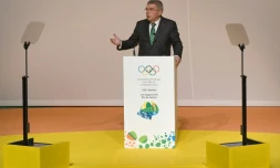 Le président du CIO Thomas Bach lors d'une allocution à l'ouverture de la 129e session du CIO, le 1er août 2016 à Rio de Janeiro