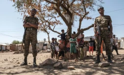 Des soldats éthiopiens à l'entrée du camp de réfugiés érythréens de Mai Aini, en Ethiopie, le 30 janvier.