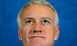 Le sélectionneur de l'équipe de France Didier Deschamps en conférence de presse, le 29 juin 2018 à Kazan