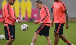 Arturo Vidal, Franck Ribéry et Jérôme Boateng lors d'un entraînement du Bayern, le 2 mai 2016 à Munich