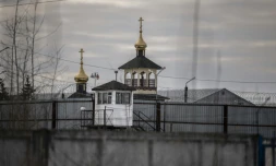 Une Ă©glise orthodoxe dans l'enceinte de la colonie pĂ©nitentiaire oĂč a Ă©tĂ© transfĂ©rĂ© l'opposant AlexeĂŻ Navalny, le 1er mars 2021 Ă Pokrov, en Russie