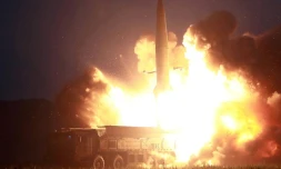 Photo de l'agence officielle nord-coréenne KCNA montrant le lancement d'un missile, le 6 août 2019 en Corée du Nord