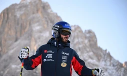 Le Français Cyprien Sarrazin lors de la reconnaissance de la descente de Val Gardena le 21 décembre 2024