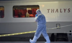 Un policier s'apprête à monter à bord d'un train Thalys, stationné en gare d'Arras après une attaque déjouée, le 21 août 2015