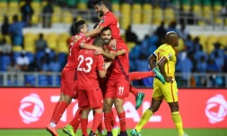 La joie des Tunisiens après un but contre le Zimbabwe lors de la CAN, le 23 janvier 2017 à Libreville