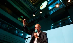 Le chef de la CDU Friedrich Merz pendant la soirée électorale à Berlin, le 23 février 2025