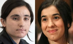 Montage réalisé le 28 octobre 2016 des portraits de deux femmes yézidies qui ont été esclaves du grouope EI et ont reçu le Prix Sakharov, Lamia Haji Bashar (G) et Nadia Murad (D)