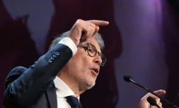 Le premier secrétaire du Parti socialiste, Olivier Faure s'exprime lors de l'université d'été de son parti, le 29 août 2026 à Blois