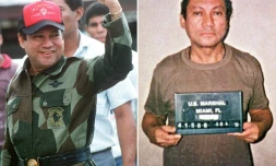 Le dictateur panaméen Manuel Noriega le 4 Octobre 1989 à Panama (g) et le 4 janvier 1990 à Miami