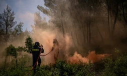 Des pompiers volontaires participent à un exercice de simulation d'incendie, à Rodopoli, dans la banlieue d'Athènes, le 18 mai 2025 en Grèce