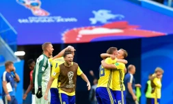 Les Suédois exultent après leur qualification en quarts de finale du Mondial le 3 juillet 2018