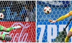 Le gardien de but croate Danijel Subasic (g) et le Français Hugo Lloris dans un photomontage réalisé le 13 juillet 2018