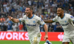 Le Marseillais Jordan Veretout (g) vient de marquer contre Brighton, le 5 octobre 2023 au Stade Vélodrome