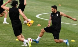 Les Uruguayens Luis Suarez (d) et Edinson Cavani lors d'une séance d'entraînement à Sotchi le 29 juin 2018