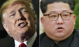 Montage photo réalisé le 10 mai 2018 du président américain Donald Trump et du dirigeant nord-coréen Kim Jong-Un (photo fournie par l'agence nord-coréenne KCNA le 21 avril 2018).
