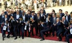 L'équipe de France de football, championne du monde, lors de leur réception au Palais de l'Elysée, le 16 juillet 2018