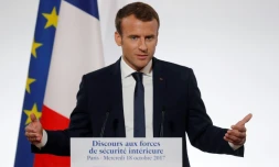 Emmanuel Macron s'adressant à l'Élysée aux représentants des forces de police, de gendarmerie et de l'opération Sentinelle, le 18 octobre 2017