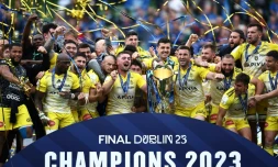 Les joueurs de La Rochelle vainqueurs de la finale de la Champions Cup contre le Leinster, le 20 mai 2023 à Dublin  