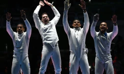 Les épéistes français champions olympiques devant l'Italie aux Jeux de Rio, le 14 août 2016