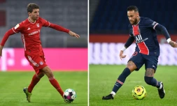 Combophoto reprĂ©sentant les milieux vĂ©dettes du Bayern Munich Thomas MĂŒller et Neymar Jr du PSG, qui s'affrontent le 13 avril 2020 en Ligue des champions Ă Paris