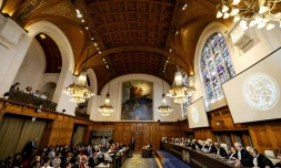 Audience devant la Cour internationale de Justice (CIJ) dans le cadre d'une affaire déposée par le Nicaragua contre l'Allemagne exigeant que les juges imposent des mesures d'urgence pour empêcher Berlin de fournir à Israël des armes et d'autres aides, le 8 avril 2024 à La Haye