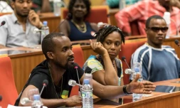 Le porte-parole du collectif Pou Lagwiyann Dekole, Davy Rimane, à Cayenne, le 20 avril 2017 