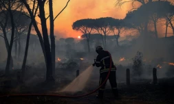 Un pompier français utilise une lance d'incendie lors d'un feu de forêt dans le département du Var, dans le sud de la France, le 17 août 2021