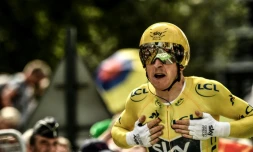 Le maillot jaune gallois de la Sky Geraint Thomas à l'arrivée du contre-la-montre, le 28 juillet 2018 à Espelette