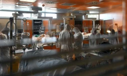 Des personnels soignants autour de patients atteints du nouveau coronavirus au service des soins intensifs de l'hôpital Casalpalocco près de Rome, le 24 mars 2020