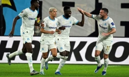 La joie de Chancel Mbemba, auteur de l'ouverture du score pour l'OM face Ă l'AEK, le 9 novembre 2023 Ă AthĂšnes